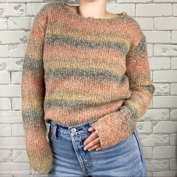 Sweaters - Oversized raw hem ombré stripe pullover sweater